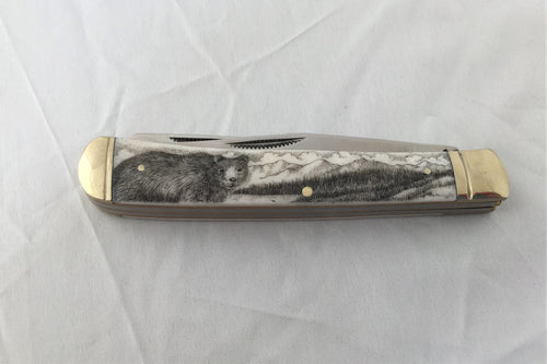 Grizzly Bear Knife, scrimshaw on bone - The Highlight Gallery