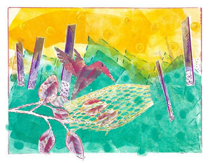 Monoprint, pink hummingbird on green and yellow background, with pinks and purples