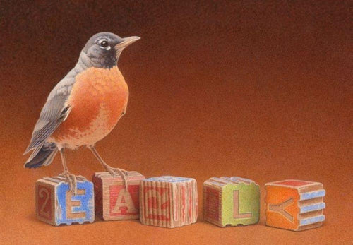 Red breasted robin perched on child's colorful wooden blocks spelling out 
