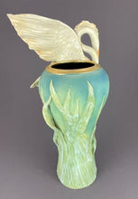 Load image into Gallery viewer, back side of vase, a glorious heron with wings ready to fly on a tall vase adorned with reeds
