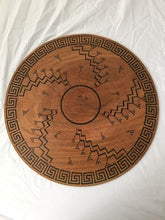 Load image into Gallery viewer, large turned wood platter, painstakingly scored and hand painted with authentic Hopi-inspired design inscribed on both front and back. It looks like an antique basket, but it is not. Bottom view.

