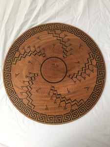 large turned wood platter, painstakingly scored and hand painted with authentic Hopi-inspired design inscribed on both front and back. It looks like an antique basket, but it is not. Bottom view.