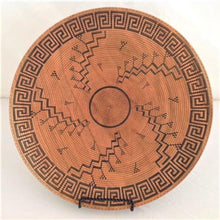 Load image into Gallery viewer, large turned wood platter, painstakingly scored and hand painted with authentic Hopi-inspired design inscribed on both front and back. It looks like an antique basket, but it is not.

