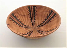Load image into Gallery viewer, Bob Nolan, turned and scored wood bowl, then painstakingly hand painted inside and out with an authentic black and red Yokut design, (from the Four Corners area) This looks like a woven Native American basket, but is not.
