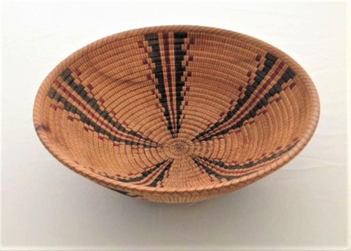 Bob Nolan, turned and scored wood bowl, then painstakingly hand painted inside and out with an authentic black and red Yokut design, (from the Four Corners area) This looks like a woven Native American basket, but is not.