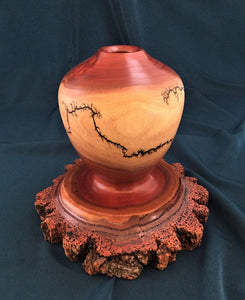  This unique turned vase has a fractal burned design over the light sapwood and a natural edge base, all of one piece. The design shows the bark and layers of inner bark, cambium and sapwood. 