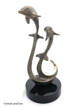 Load image into Gallery viewer, Bronze dolphins swimming in harmony forever and ever, grey crackle patina, black granite base
