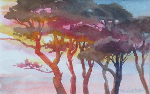 Pinks, golden yellows, the colors of sunset glow behind eucalyptus trees overlooking the ocean.