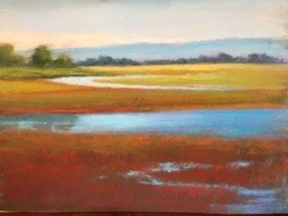 Pastel California landscape, using rich russet red, golds, greens, blue