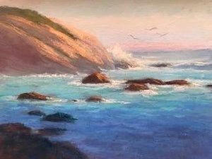 Pastel painting of the rocky California coast with blues, greens, ochre and a pink evening  sky 