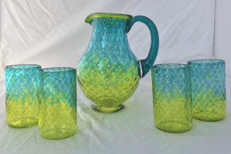 hand-blown aqua and lime pitcher and tumblers bullicante-with evenly spaced bubbles