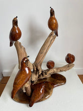 Load image into Gallery viewer, Large sculpture of six redwood burl quail perched on dripwood and a base of inlaid, figured woods
