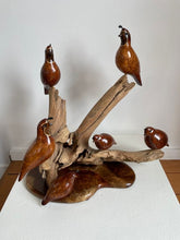 Load image into Gallery viewer, Large sculpture of six redwood burl quail perched on dripwood and a base of inlaid, figured woods
