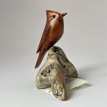 Load image into Gallery viewer, Redwood burl sculpture of titmouse on driftwood stand
