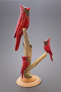 Three cardinals on driftwood stand, wood sculpture of dyed maple and natural walnut 