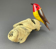 Load image into Gallery viewer, Western Tanager bird sculpture, red head, yellow breast, brown back perched on driftwood base
