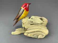 Load image into Gallery viewer, Western Tanager bird sculpture, red head, yellow breast, brown back perched on driftwood base
