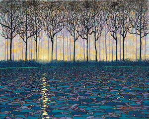 sunset through the trees, reflecting on the blue, green and lavender water