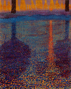 Sunglow over blue and purple water with trees