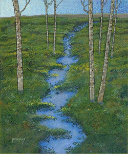 a stream flows through a green field with skinny trees, reflecting the blue skies