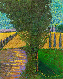 Tree lined path through green hills and golden fields, Italian cypress, with lavender shadows and a blue sky