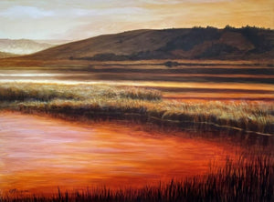River at sunset, tidal grasses and red sunlight reflecting on the water