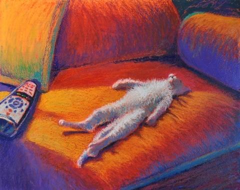 Cat relaxing on the couch, print of a pastel painting.