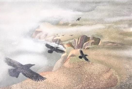 ravens soar over the headlands and misty ocean below. Print of sand painting, all natural hand-gathered sand..