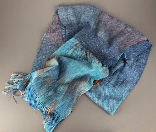 handwoven shawl in wool, silk and tencel in shades of sky and earth