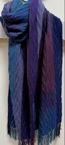 handwoven scarf with hand painted warp in blues and violet with a subtle texture