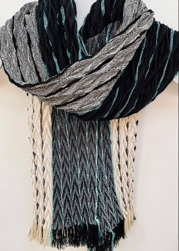 Black, cream and aqua double woven and shibori dyed scarf. Texture, color and feel are unique and gorgeous!