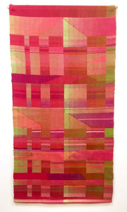 Double woven geometric wall wall hanging in reds, magenta, olive and lime.