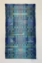 Load image into Gallery viewer, Double woven wall hanging with stitching, hand-dyed. In shades of blues and greens, geometric shapes.
