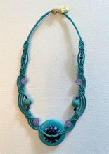 Load image into Gallery viewer, turquoise  tapestry necklace with aventurine and turquoise pi&#39;s and amethyst, turquoise, lapiz beads 14k clasp
