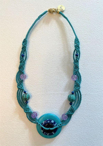 turquoise  tapestry necklace with aventurine and turquoise pi's and amethyst, turquoise, lapiz beads 14k clasp
