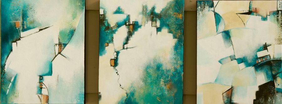 3 paintings in a series, teal, cream and copper in an abstract contemporary style.