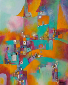 Abstract contemporary acrylic painting, joyful, exuberant in oranges to magenta, teal and purple.
