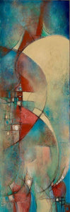 abstract contemporary  acrylic painting with curves and geometry, in cream, blues and red.