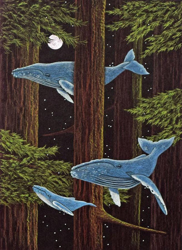 Grey whale family migrates through the redwood forest, while the full moon looks on. 