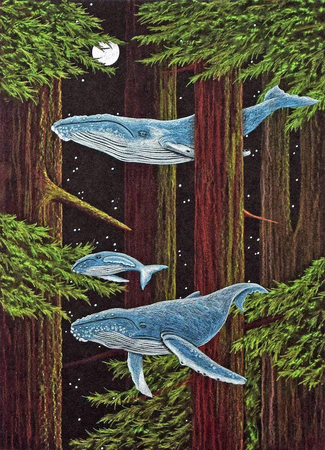 Whimsical whales migrating through redwood trees, colored pencil and collage