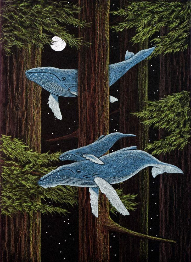 whales migrating though the redwoods, mixed media, collage