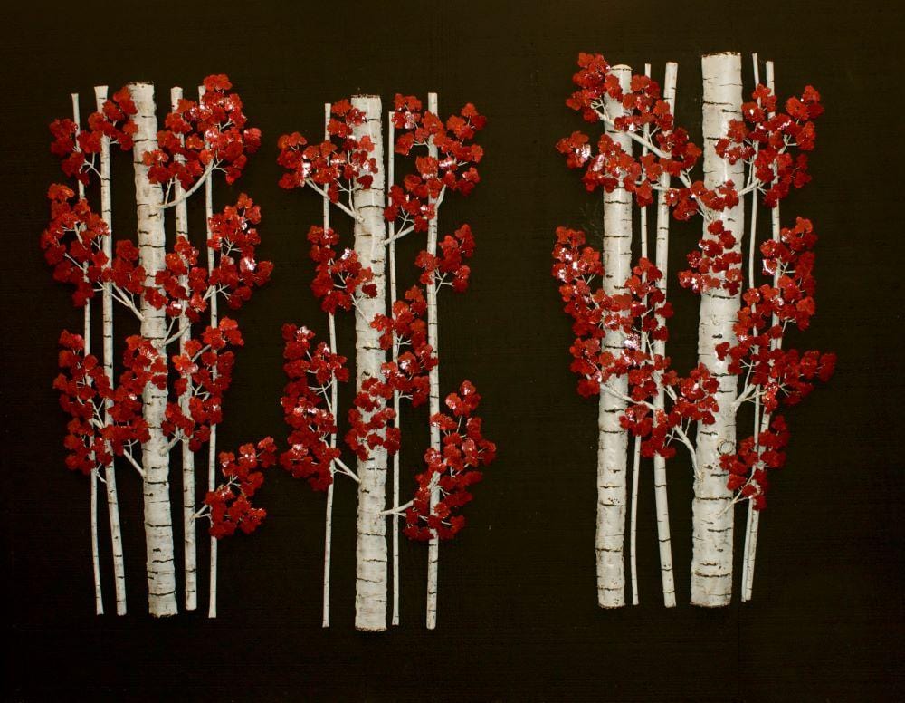 Birch Fragments wall sculpture has red leaves contrasting with white and black trunks