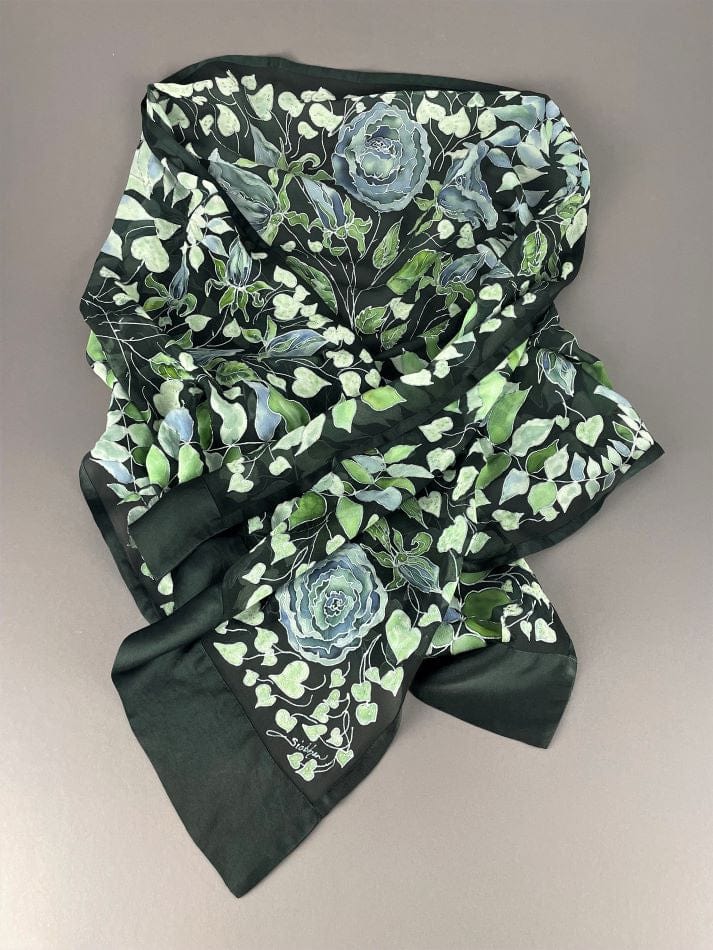 Blue-Grey Roses on Black Silk Hand-Painted Wrap/Scarf