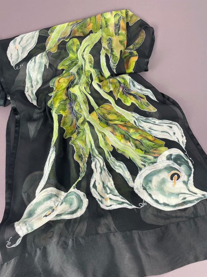 Calla Lilies on Black Silk Hand-Painted Wrap/Scarf