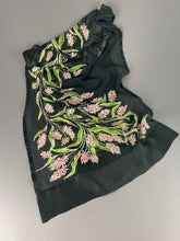 Load image into Gallery viewer, Deep pink Indian Paintbrush flowers bloom with graceful green leaves hand painted on sheer black silk
