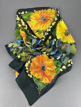 Load image into Gallery viewer, Sunflower Vine on Black Hand-Painted Silk Wrap/Scarf
