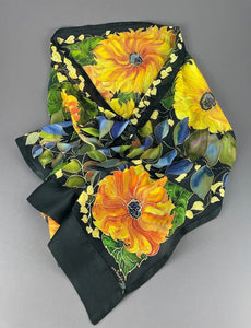 Sunflower Vine on Black Hand-Painted Silk Wrap/Scarf