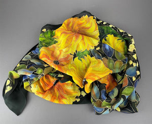 Sunflower Vine on Black Hand-Painted Silk Wrap/Scarf