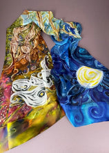 Load image into Gallery viewer, Hand painted silk scarf with &quot;women&quot; redwood tree forest, with a swirly night sky
