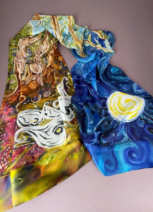 Hand painted silk scarf with "women" redwood tree forest, with a swirly night sky